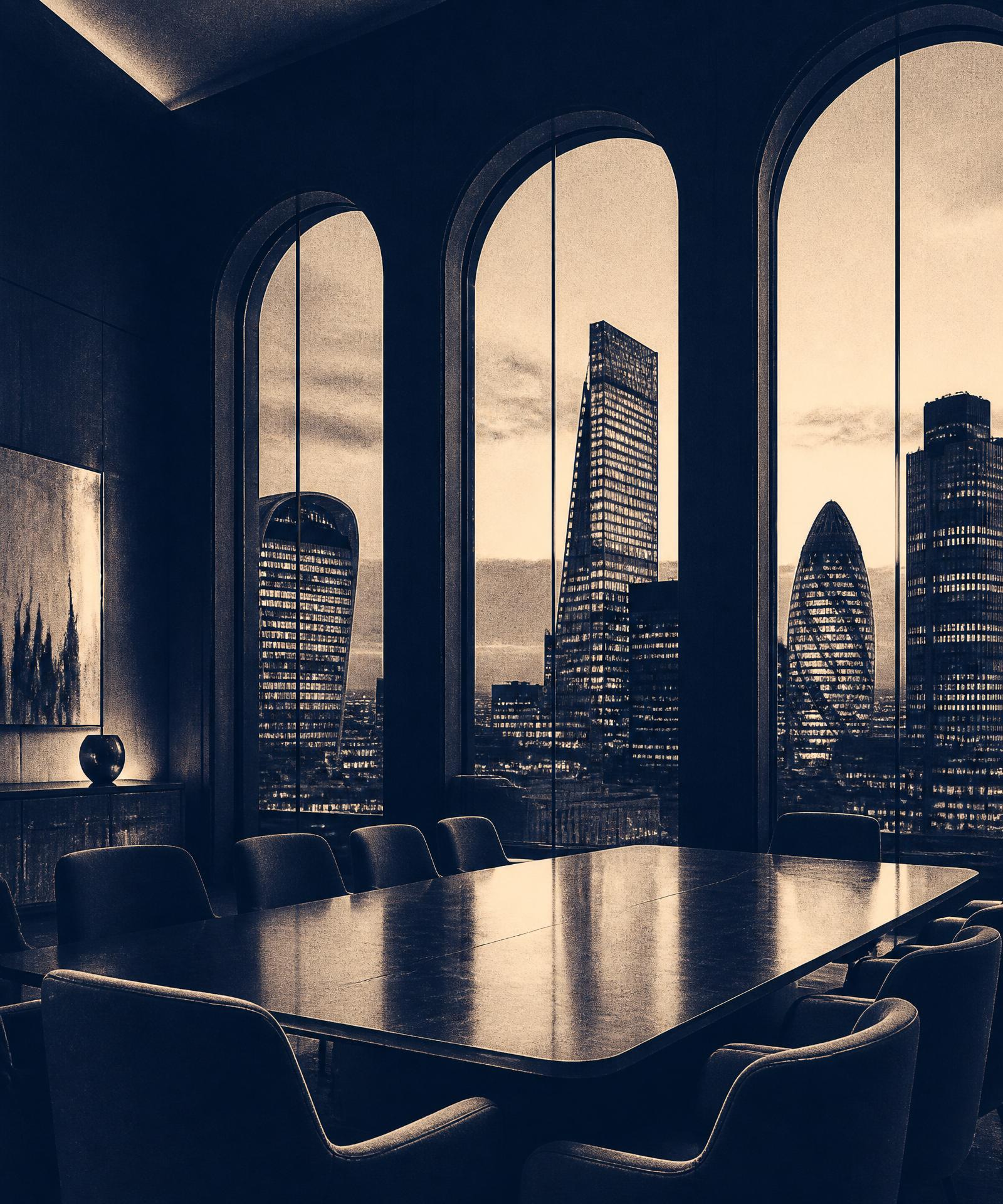 View from a modern boardroom over a city financial district at dusk
